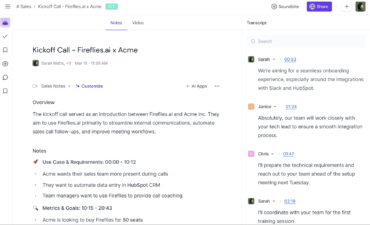 Fireflies.ai meeting notes dashboard showing a kickoff call summary.